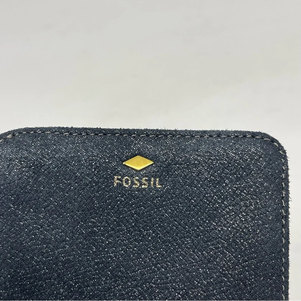 Fossil Madison Bifold Wallet Black Shimmer Nubuck Suede RFID Zippered Coin Pouch - Picture 3 of 11